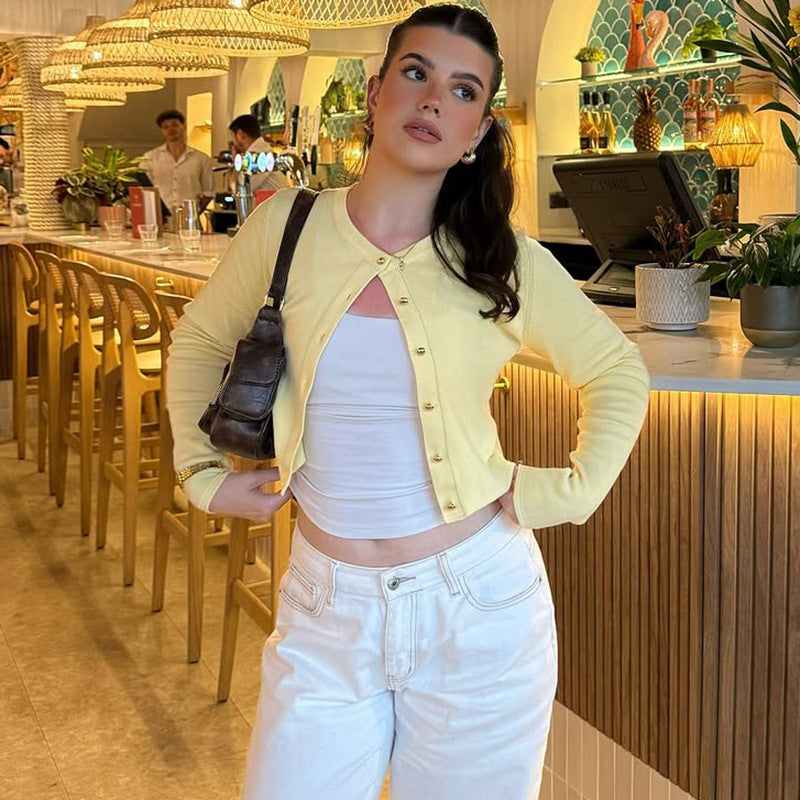 Best Seller in Women Clothing Summer Street Shooting Cardigan Button Solid Color Slim Fit Long Sleeves Top